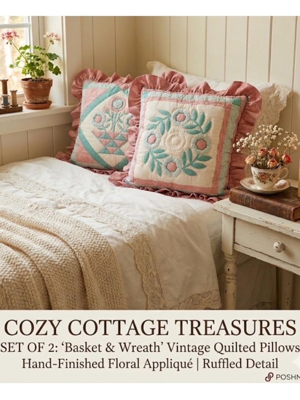 Vintage Quilted Throw Pillows | Set of 2 | Floral Basket & Wreath Appliqué - Picture 1 of 8